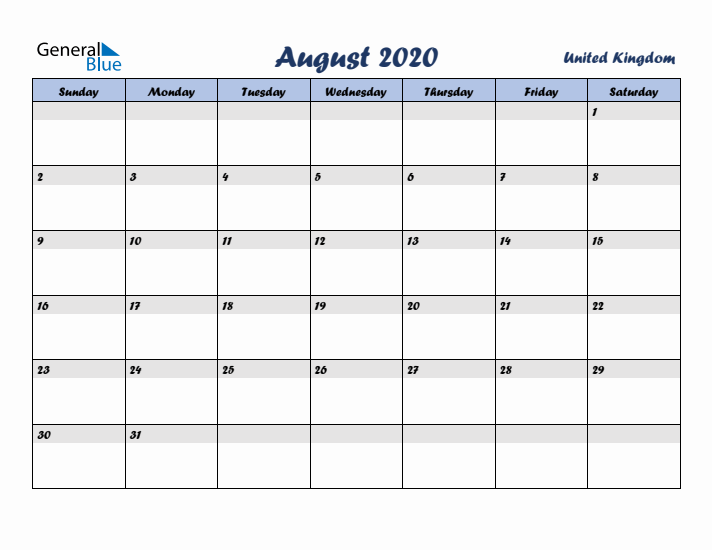 August 2020 Calendar with Holidays in United Kingdom