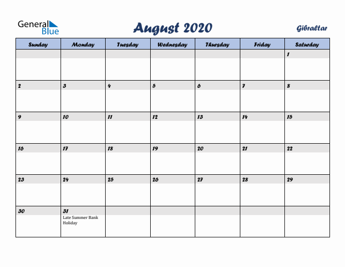 August 2020 Calendar with Holidays in Gibraltar