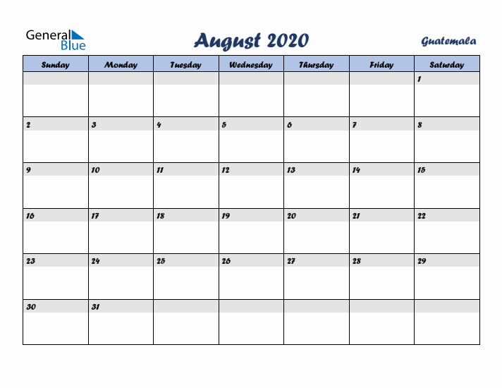 August 2020 Calendar with Holidays in Guatemala