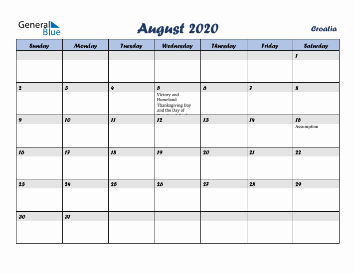 August 2020 Calendar with Holidays in Croatia