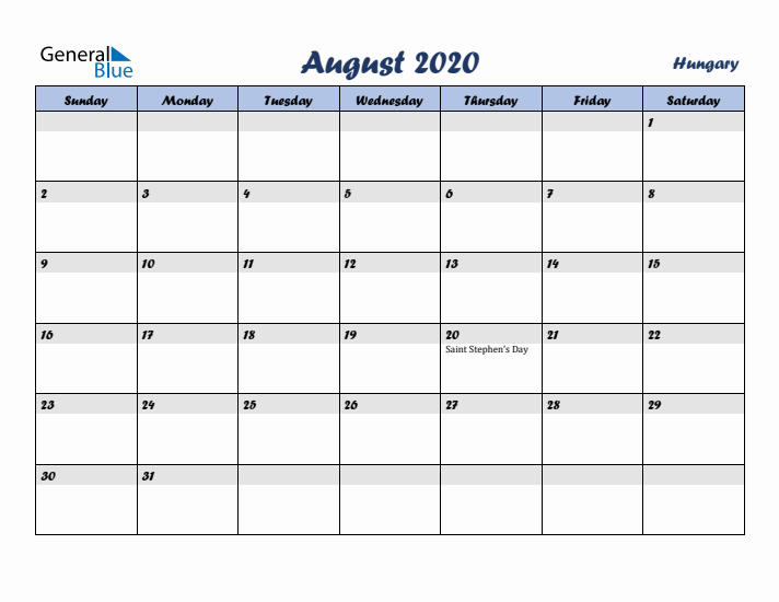 August 2020 Calendar with Holidays in Hungary