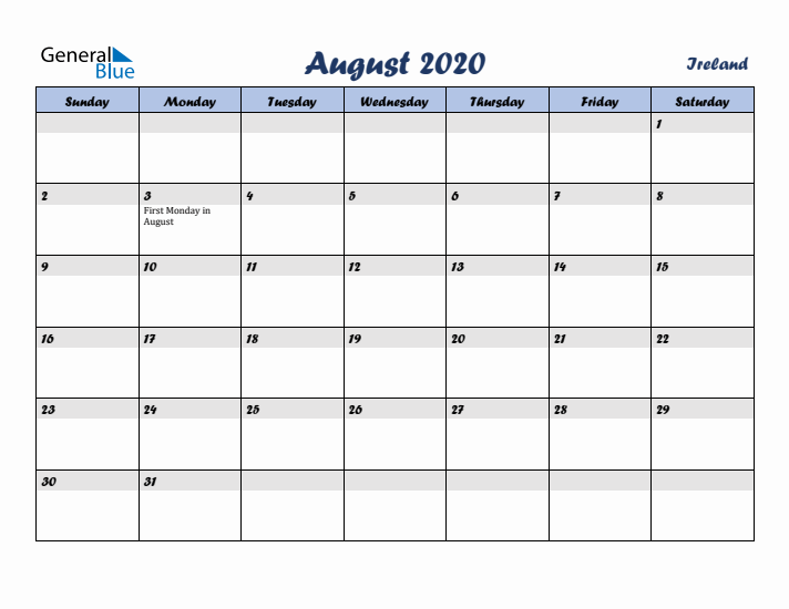 August 2020 Calendar with Holidays in Ireland