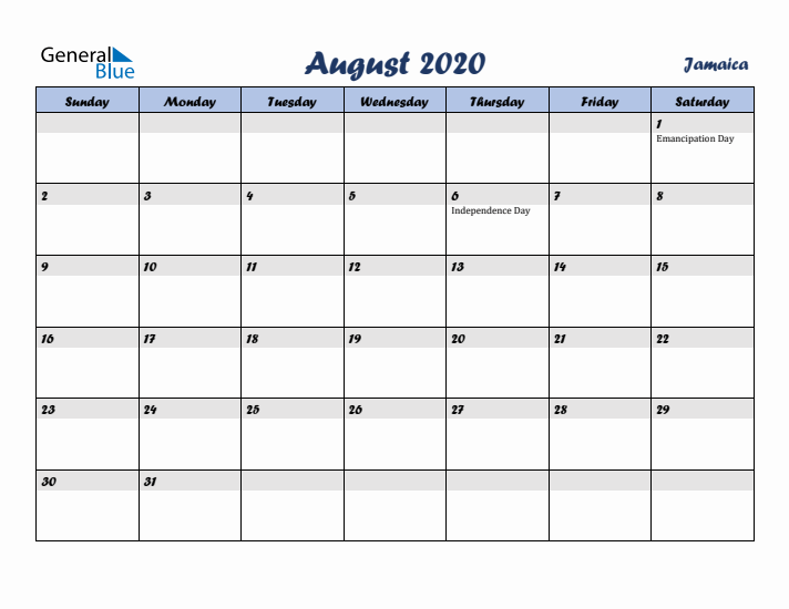 August 2020 Calendar with Holidays in Jamaica