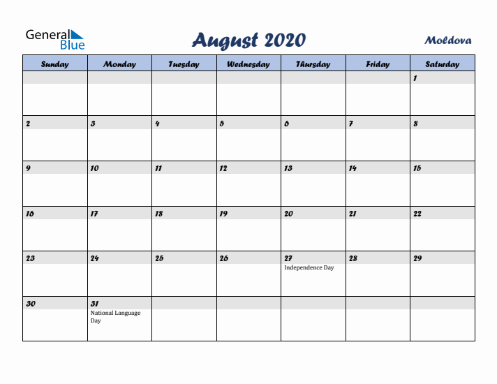 August 2020 Calendar with Holidays in Moldova