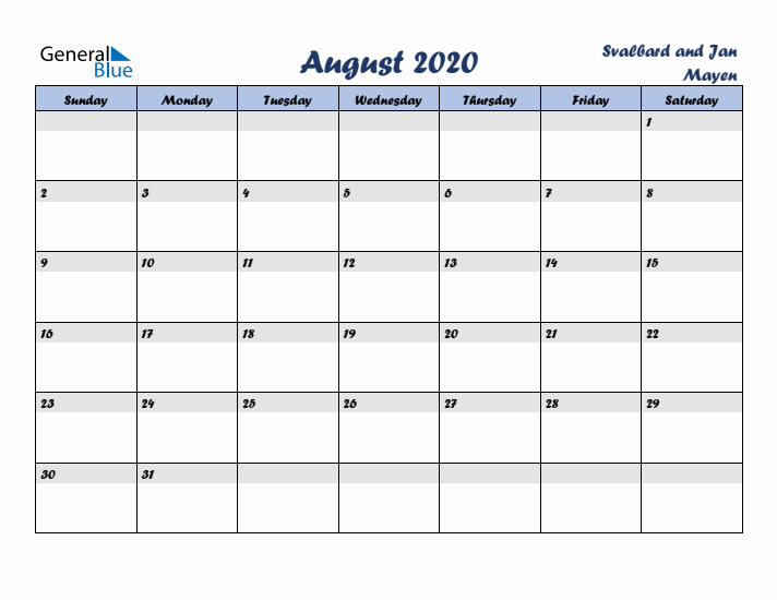 August 2020 Calendar with Holidays in Svalbard and Jan Mayen