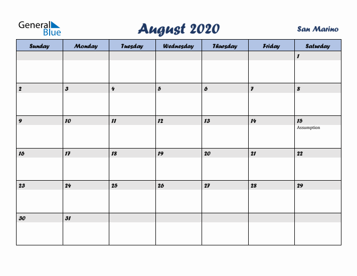 August 2020 Calendar with Holidays in San Marino