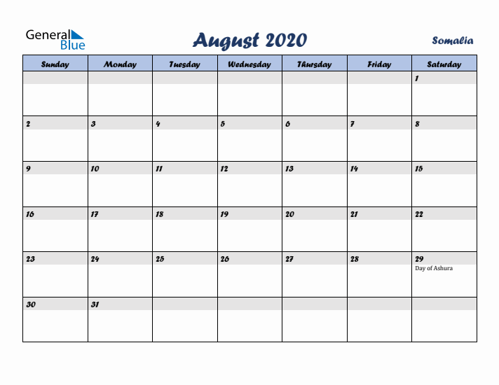 August 2020 Calendar with Holidays in Somalia