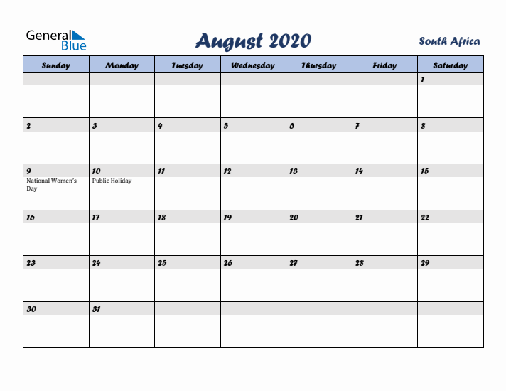 August 2020 Calendar with Holidays in South Africa