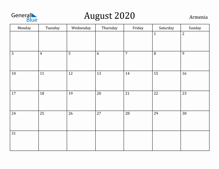 August 2020 Calendar Armenia