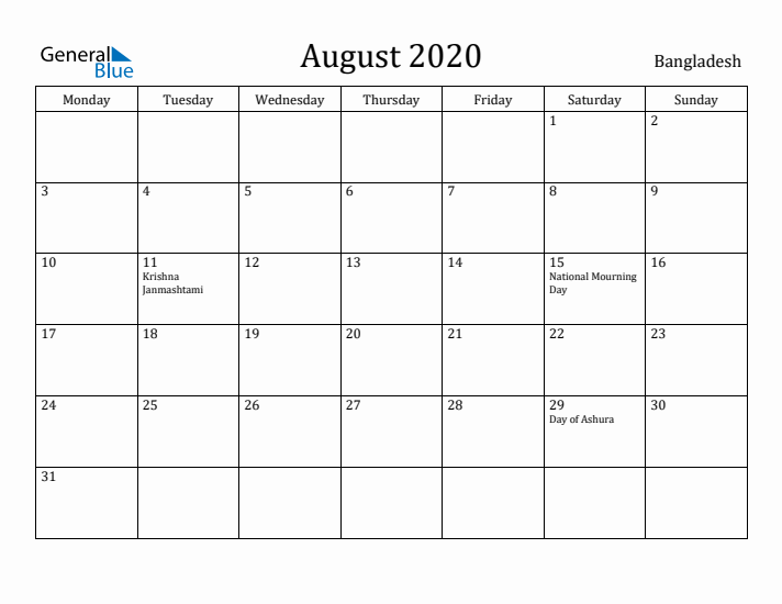 August 2020 Calendar Bangladesh