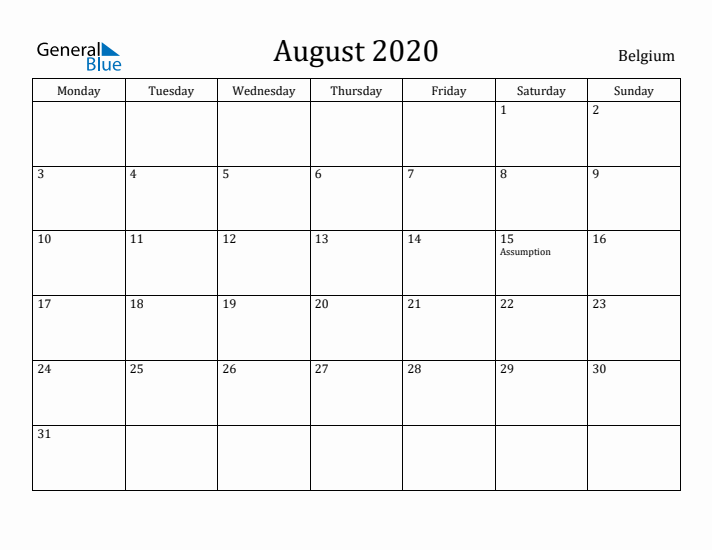 August 2020 Calendar Belgium