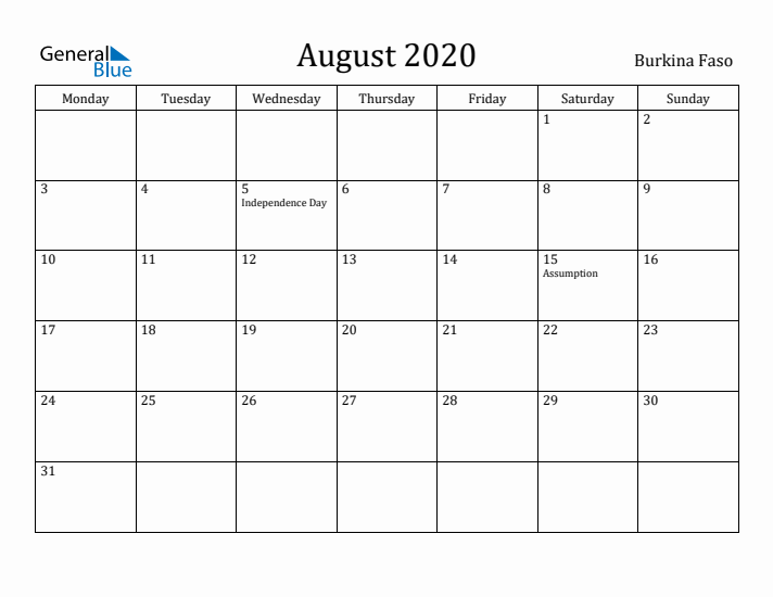 August 2020 Calendar Burkina Faso