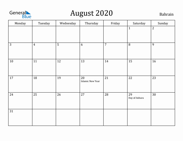 August 2020 Calendar Bahrain