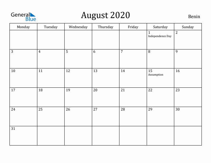 August 2020 Calendar Benin