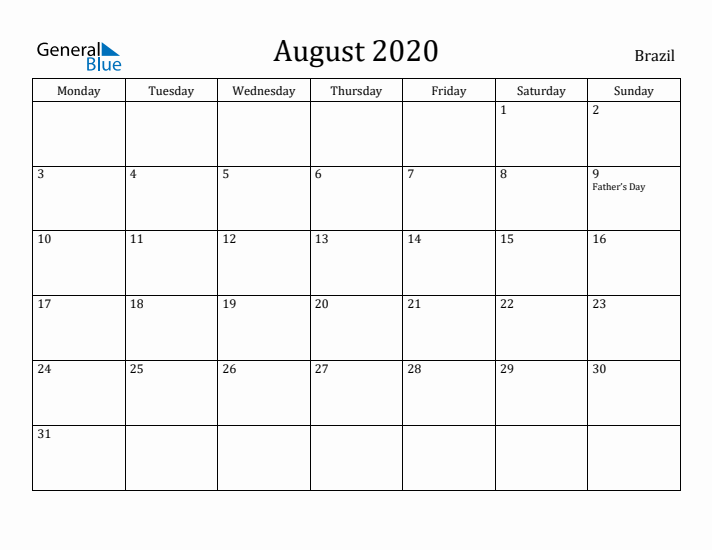 August 2020 Calendar Brazil