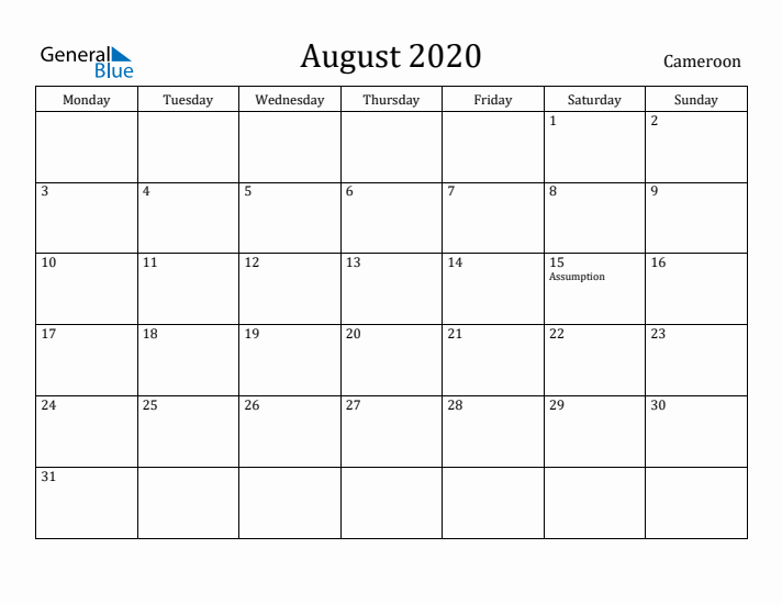 August 2020 Calendar Cameroon