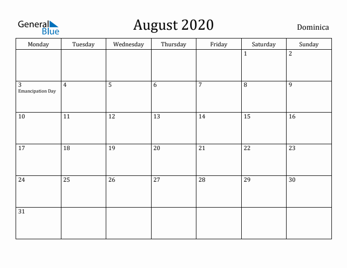 August 2020 Calendar Dominica