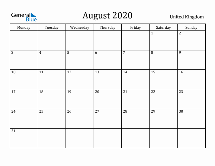 August 2020 Calendar United Kingdom