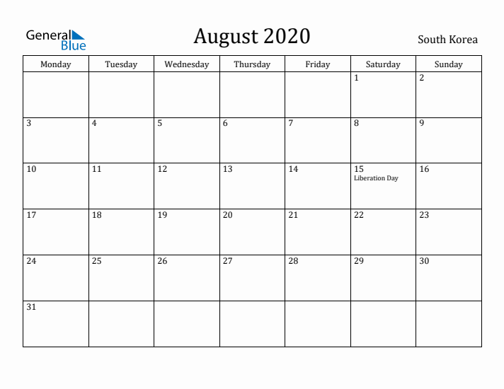 August 2020 Calendar South Korea