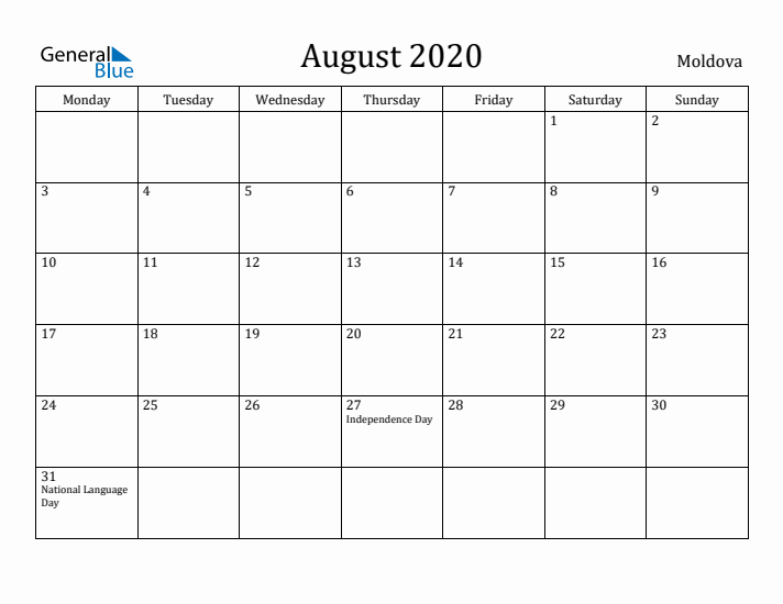 August 2020 Calendar Moldova