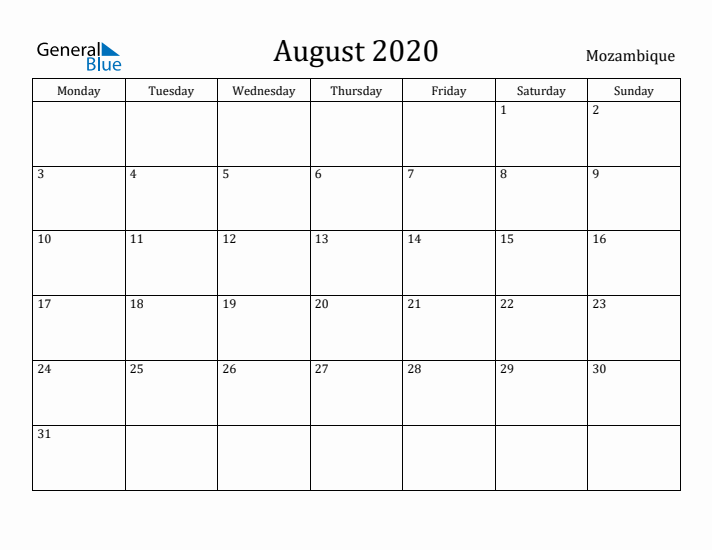 August 2020 Calendar Mozambique