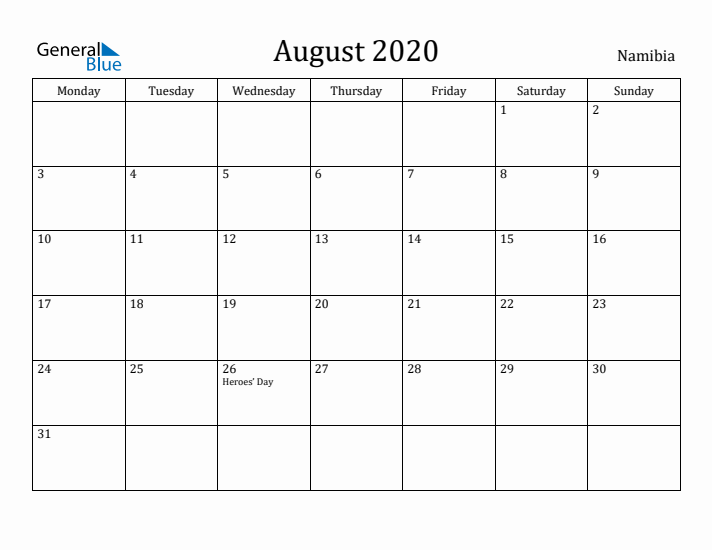 August 2020 Calendar Namibia