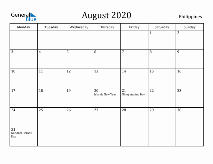 August 2020 Calendar Philippines