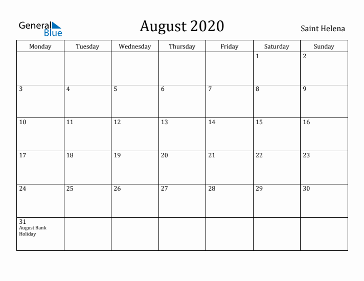 August 2020 Calendar Saint Helena