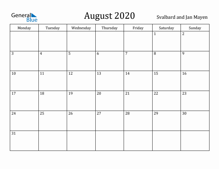 August 2020 Calendar Svalbard and Jan Mayen