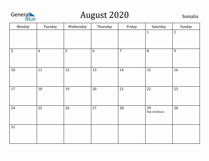 August 2020 Calendar Somalia