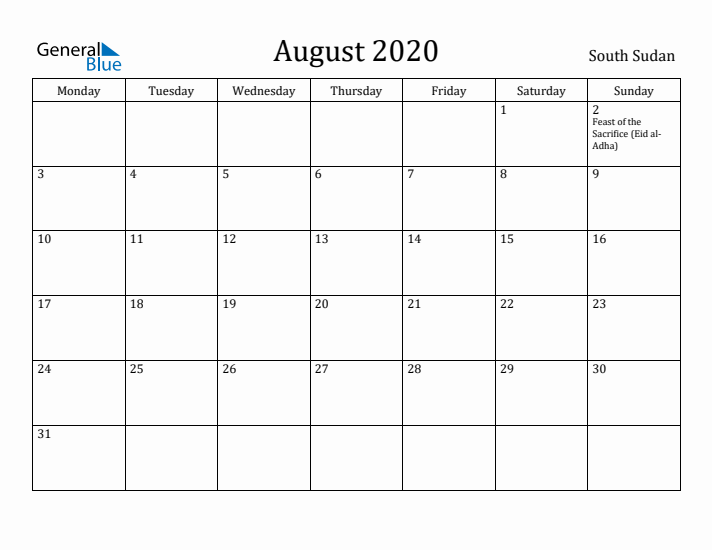 August 2020 Calendar South Sudan