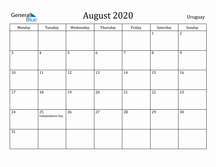 August 2020 Calendar Uruguay