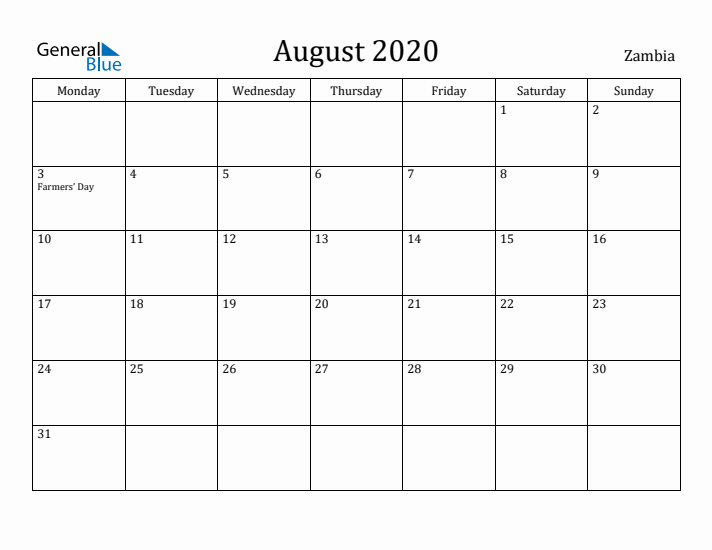 August 2020 Calendar Zambia