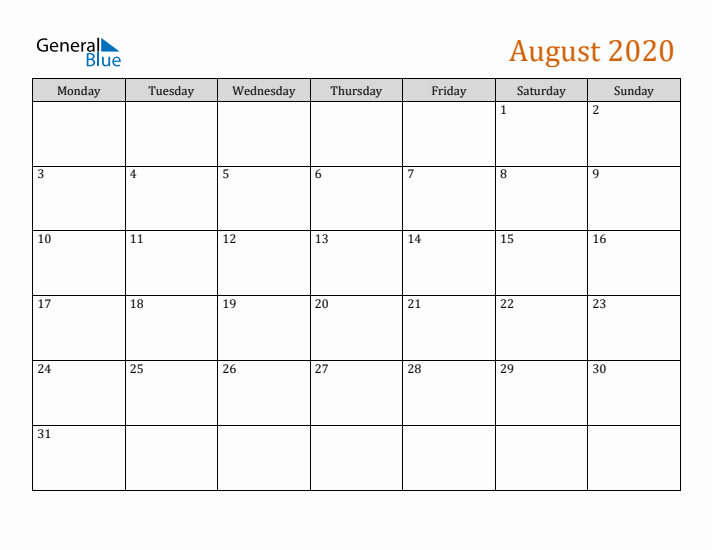 Editable August 2020 Calendar