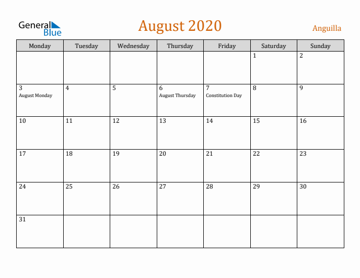 August 2020 Holiday Calendar with Monday Start