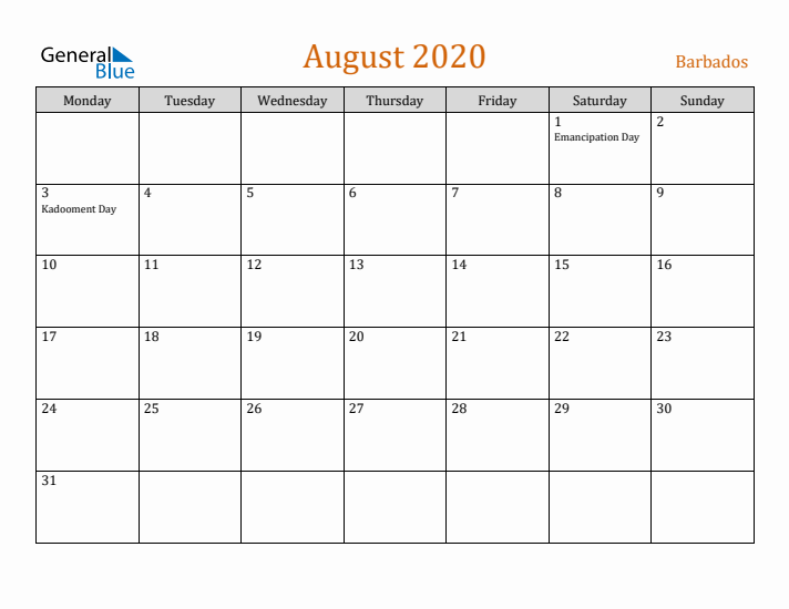 August 2020 Holiday Calendar with Monday Start