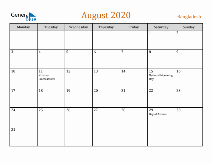 August 2020 Holiday Calendar with Monday Start