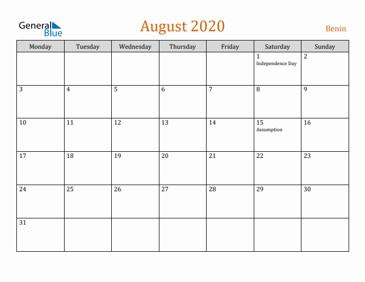 August 2020 Holiday Calendar with Monday Start