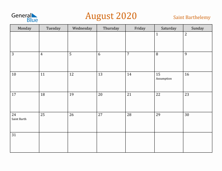 August 2020 Holiday Calendar with Monday Start