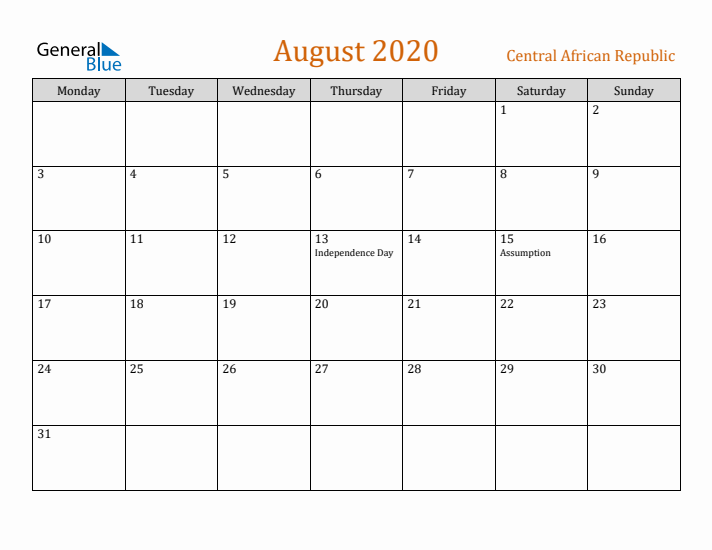 August 2020 Holiday Calendar with Monday Start