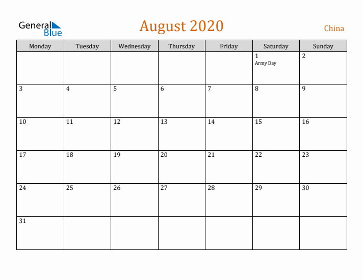 August 2020 Holiday Calendar with Monday Start