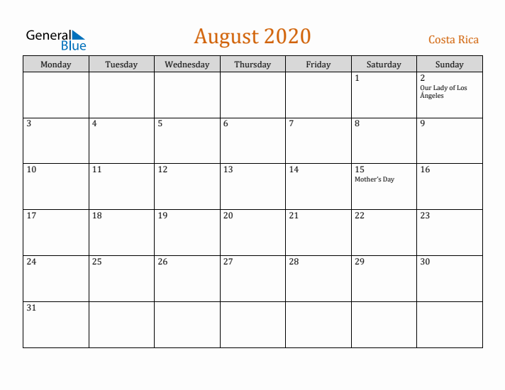 August 2020 Holiday Calendar with Monday Start