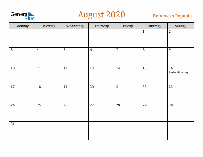 August 2020 Holiday Calendar with Monday Start