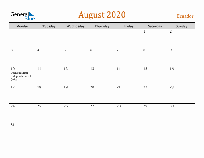 August 2020 Holiday Calendar with Monday Start