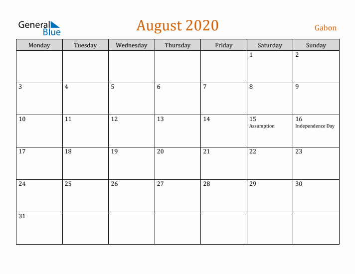 August 2020 Holiday Calendar with Monday Start