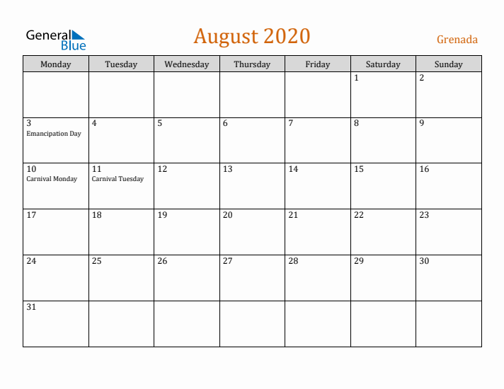 August 2020 Holiday Calendar with Monday Start