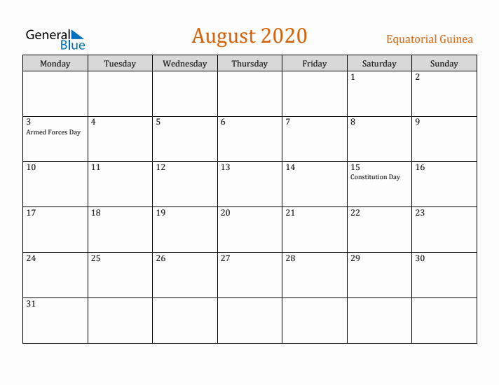 August 2020 Holiday Calendar with Monday Start