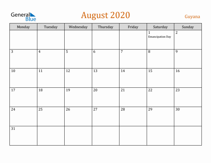 August 2020 Holiday Calendar with Monday Start