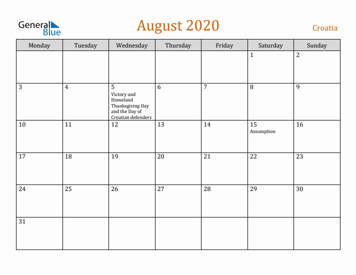 August 2020 Holiday Calendar with Monday Start