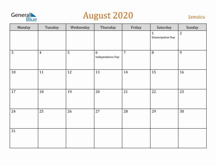 August 2020 Holiday Calendar with Monday Start